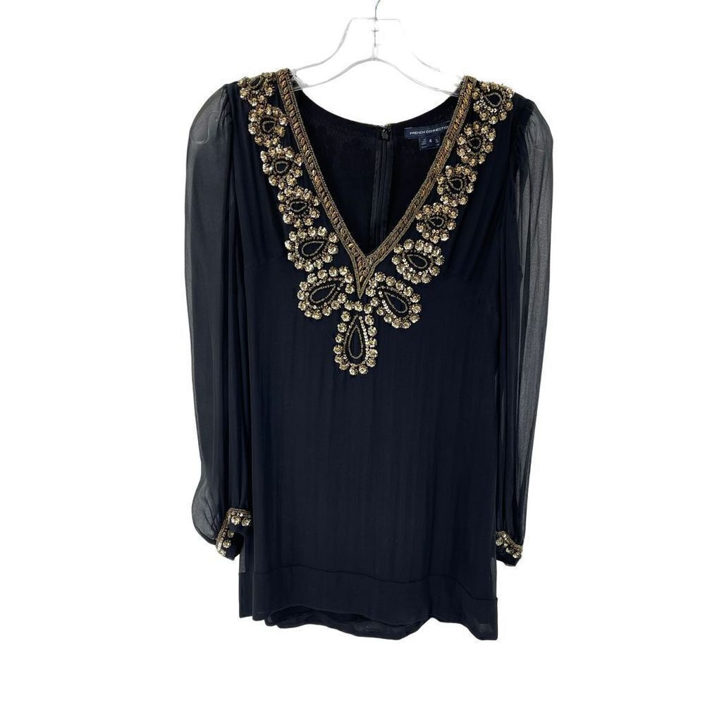 French Connection Women's Black Mini Dress With Beads Sequins Size 4